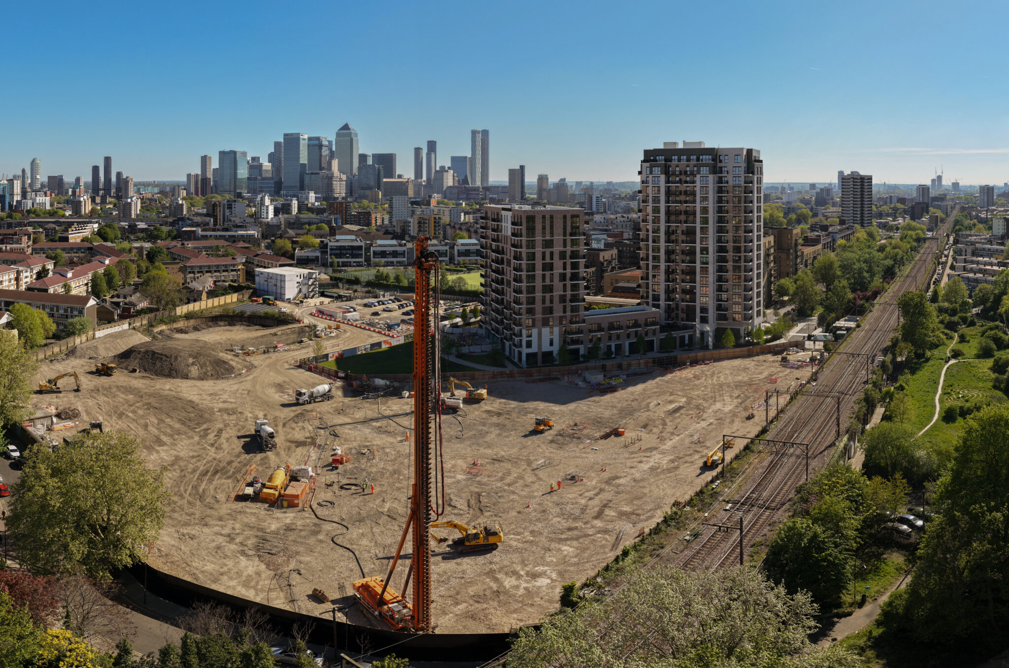Van Elle CFA piling rig operating at Bow Green development in East London installing deep foundations