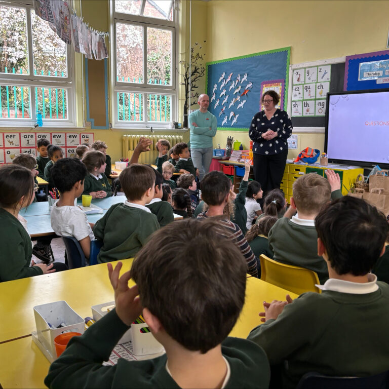 Claire Garrett engaging with Year 2 students at Victoria Park Infant School during Science Week.