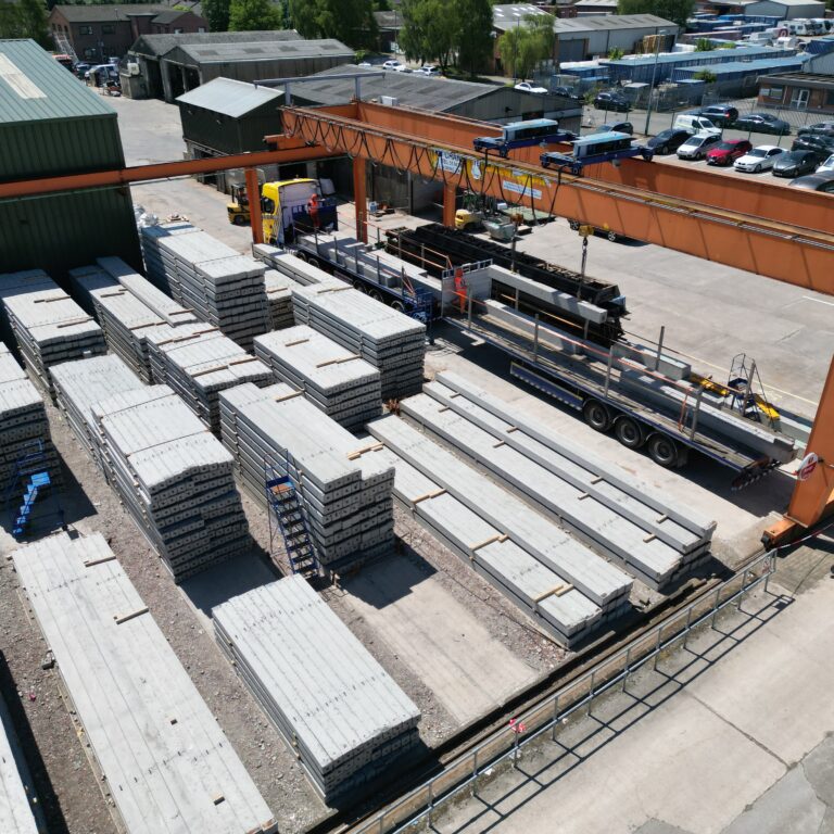 Stacks of precast concrete piles at Van Elle’s ISO-accredited facility in Nottinghamshire, ready for nationwide delivery.