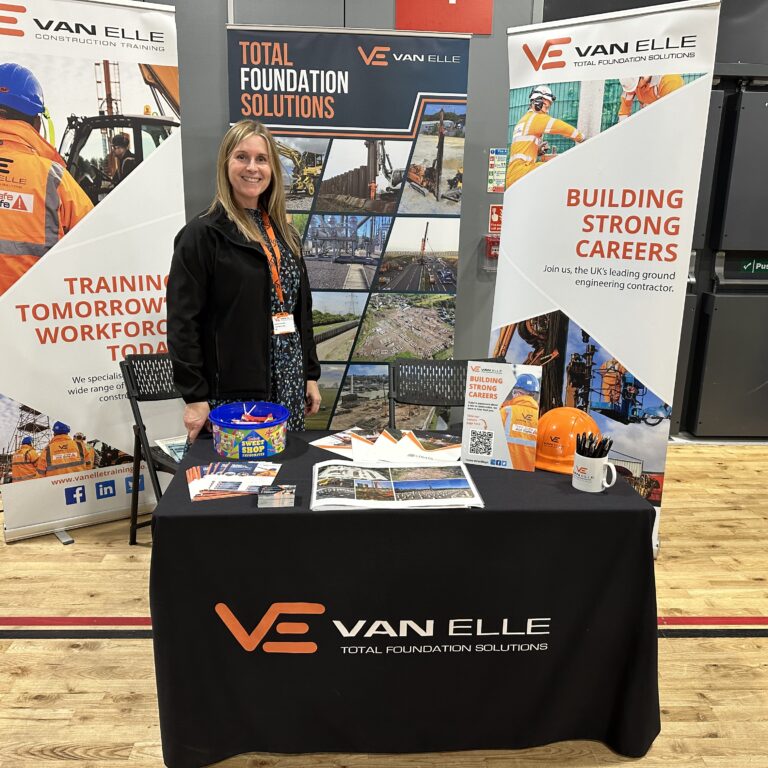 Van Elle representatives speaking with attendees at the Ashfield Careers Fair, highlighting careers opportunities across construction, ground engineering, and infrastructure projects.
