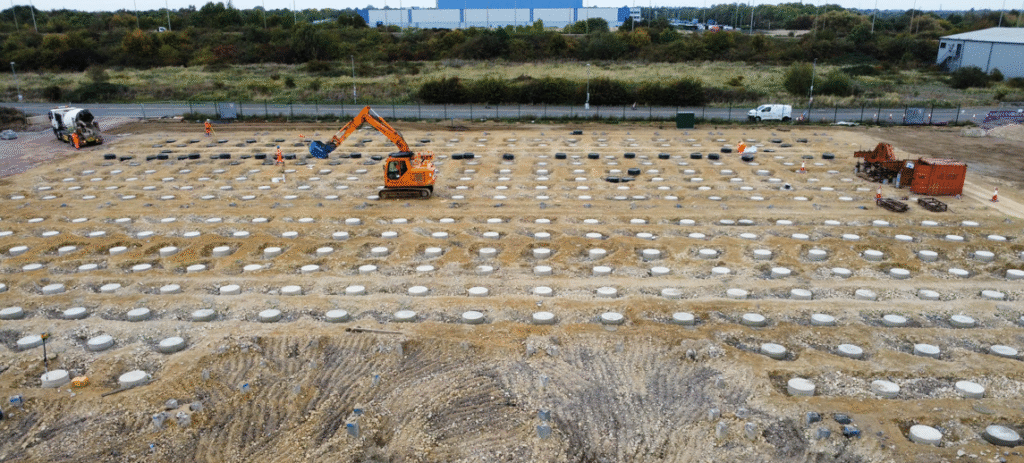 Construction work at Supermax Healthcare’s UK headquarters showing pile cap and foundation installation by Van Elle