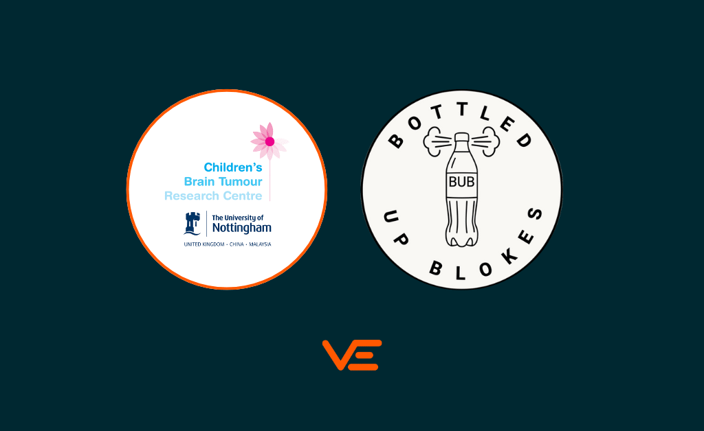 Logos of Van Elle, Bottled Up Blokes, and Children’s Brain Tumour Research Centre (CBTRC), showcasing Van Elle’s Charity of the Year support for community and men’s mental health initiatives