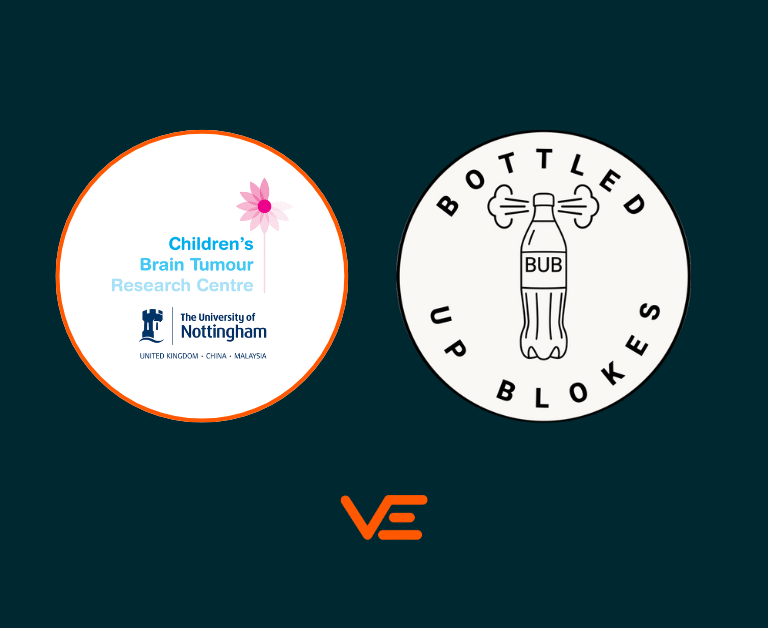 Logos of Van Elle, Bottled Up Blokes, and Children’s Brain Tumour Research Centre (CBTRC), showcasing Van Elle’s Charity of the Year support for community and men’s mental health initiatives