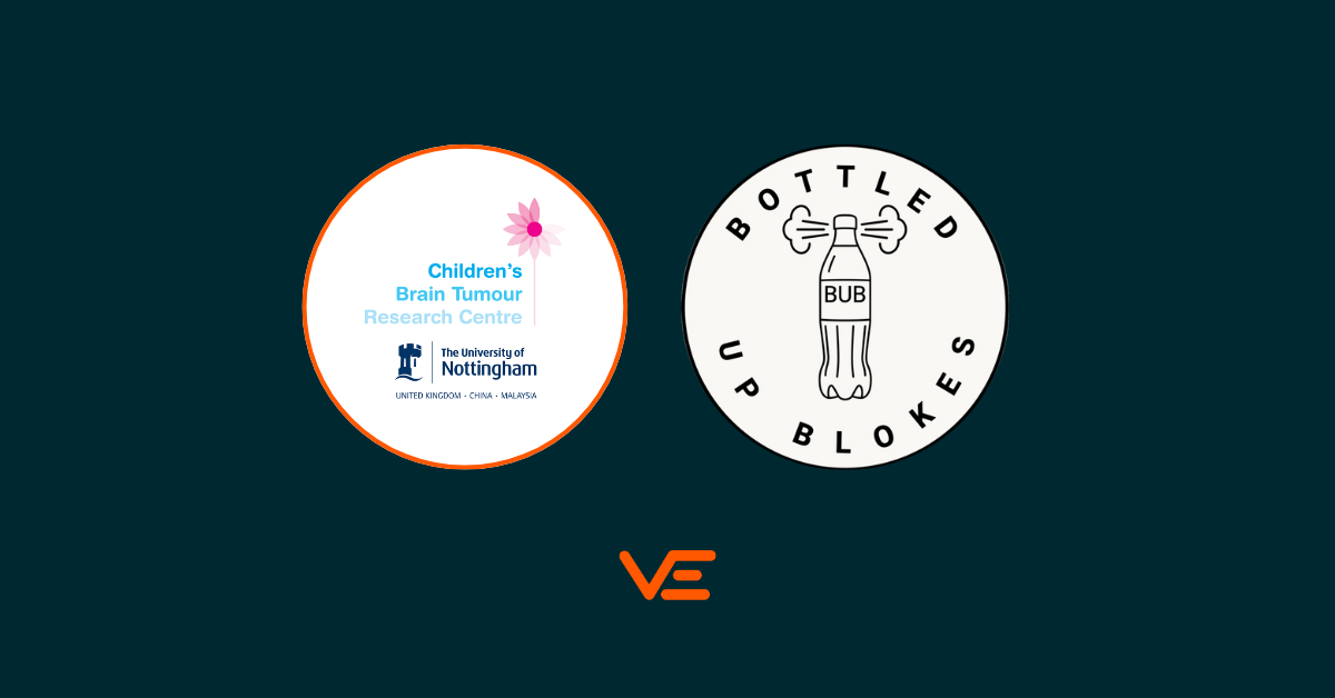 Logos of Van Elle, Bottled Up Blokes, and Children’s Brain Tumour Research Centre (CBTRC), showcasing Van Elle’s Charity of the Year support for community and men’s mental health initiatives