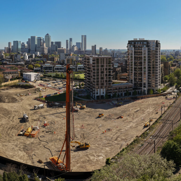 Van Elle CFA piling rig operating at Bow Green development in East London installing deep foundations